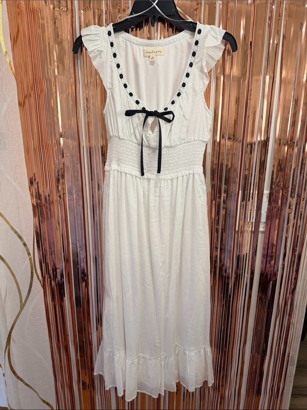 Kingston Grey White Midi Dress with Black Trim and Bow Detail NEW XS